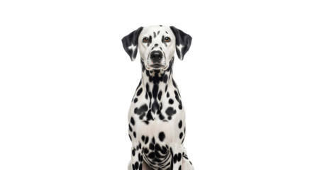A dalmatian dog sitting and looking at the camera on transparent background