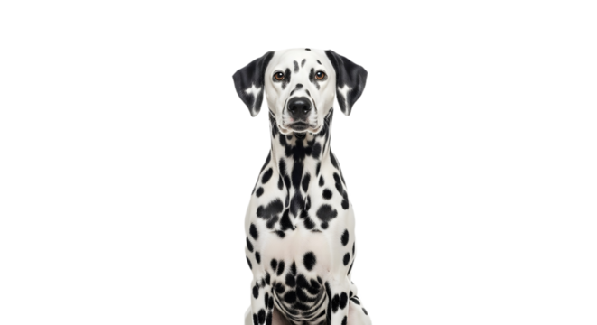 A dalmatian dog sitting and looking at the camera on transparent background - Powered by Adobe