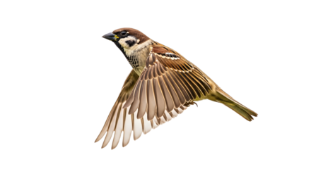 A sparrow in flight on transparent background