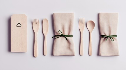 A minimalist table setting featuring wooden cutlery, folded napkins tied with green string, and a wooden case with a symbol, arranged on a plain white backgroun