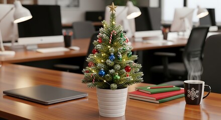 Miniature Christmas tree with colorful baubles sitting on a wooden office desk, suggesting holiday work cheer.