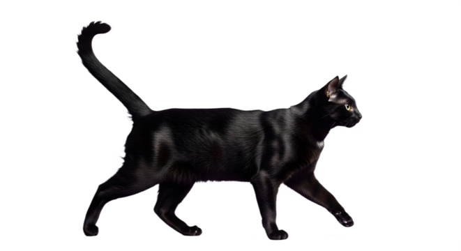 A sleek black cat walking with tail in the air pose on transparent background