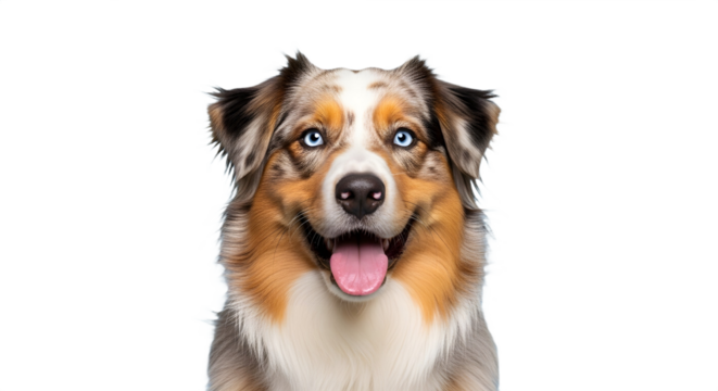Aussie dog with blue eyes and tongue sticking out on transparent background