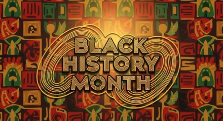Black history month text with african patterns and golden glow