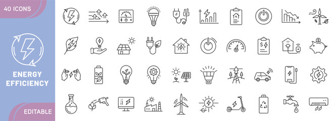 Energy Efficiency Icons – Sustainability, Renewable Energy, Eco Power, Green Technology, Electricity Saving, and Environmental Conservation Symbols