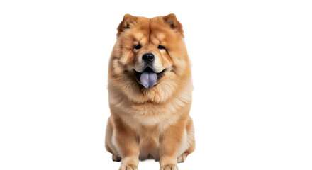 Chow chow dog sitting with blue tongue sticking out on transparent background