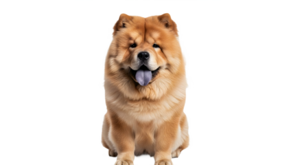 Chow chow dog sitting with blue tongue sticking out on transparent background
