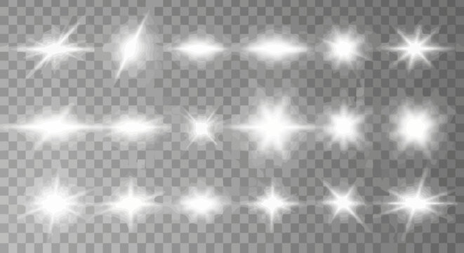 Collection of realistic white lens flares and light effects on transparent background