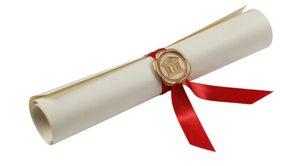 Rolled diploma scroll with gold seal and red ribbon isolated on a transparent background