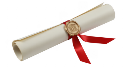 Rolled diploma scroll with gold seal and red ribbon isolated on a transparent background