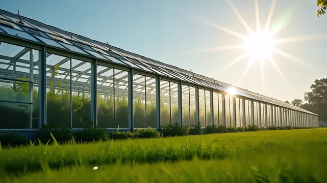 wide view of greenhouses set against backdrop of lush fields. morning sun illuminates scene, vibrant green crops inside. large greenhouses in bright, open field. perfect for agricultural growth.