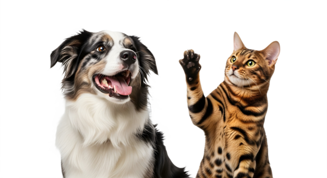 Dog and cat posing together on transparent background