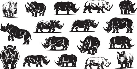 Fototapeta premium Wild animal rhino black silhouette vector icon set