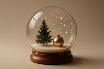 Realistic Snow Globe with Christmas Tree and Golden Ornament on Beige Background