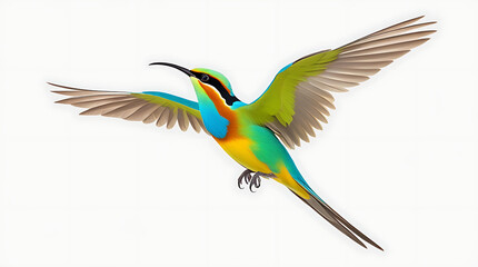 A colorful bird with outstretched wings flying against a white background, HD and 4k image