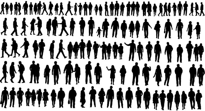 Diverse crowd silhouettes people standing walking and gathering in vector format