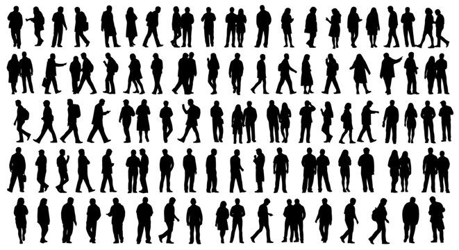 Large crowd silhouette collection of people walking and standing in various poses
