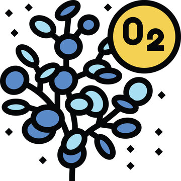 Abstract Illustration of a Plant Structure with O2 Symbol Against a Transparent Background Featuring Blue and Yellow Colors and Small Diamond Shapes