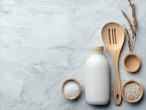 A collection of natural kitchen items including a wooden spoon, small wooden bowls filled with salt and grains, a white bottle, and dried wheat stalks, arranged
