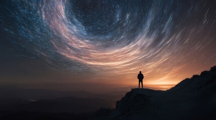 Man Stargazing Night Sky Galaxy Landscape.