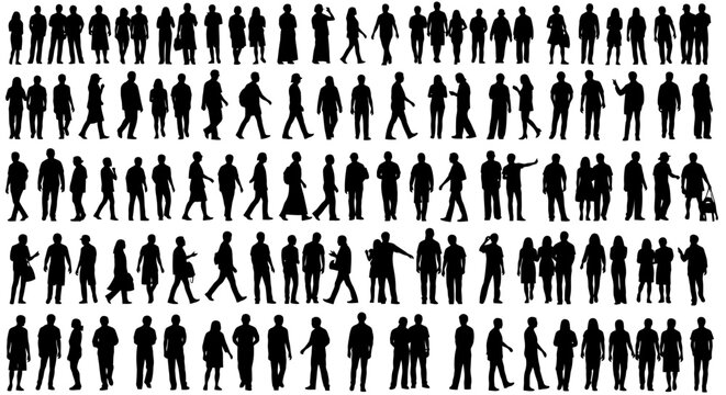 Large collection of silhouette people walking and standing in various poses and actions