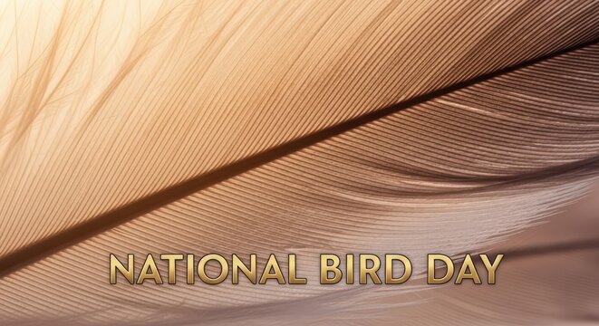 Closeup of a soft feather with the words national bird day embossed in gold, symbolizing nature and celebration