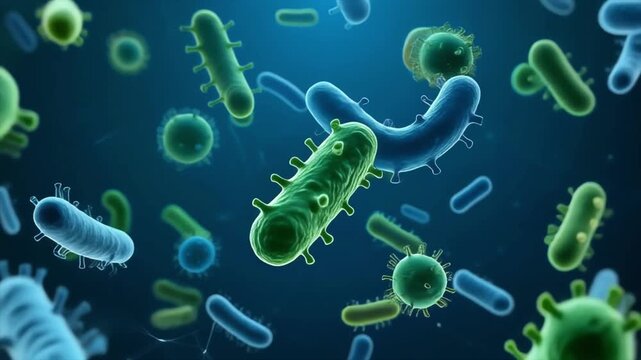 Microscopic scene featuring a vibrant colony of green and blue rod-shaped bacteria floating in a dynamic blue environment