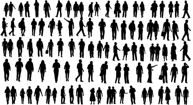 Diverse crowd silhouette collection standing walking and interacting people in vector format