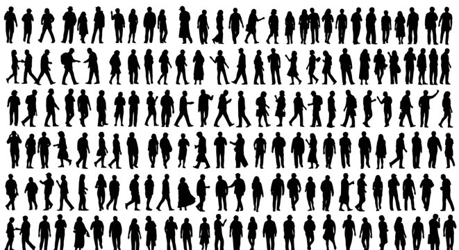 Large group of people silhouettes standing walking and posing in rows
