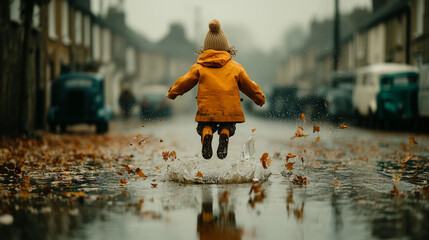 Happy Kid Playing in Rain Puddles on Urban Street
