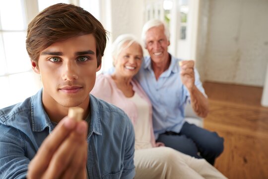 Young Man Offers Snack to Happy Grandparents - Family Bonding and Generational Connection