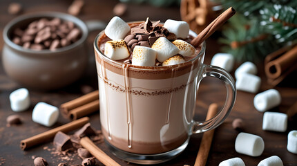 A clear mug of hot chocolate with marshmallows and cinnamon sticks on a wooden surface, 8k image
