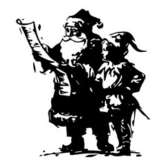 Santa Claus reading a long scroll list with an elf helper black ink vector illustration
