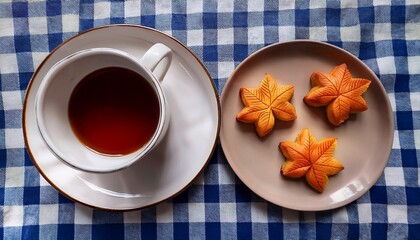 Top View Of A Coffee Cup And A Plate With Two Maple Leaf Shaped Wagashi Pastries On A Navy Blue And White Plaid Tablecloth Ideal For Autumn Snack And Japanese Food Concept