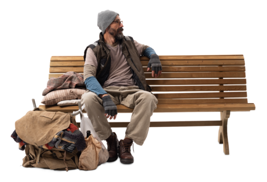 Homeless Man Sitting on Wooden Bench on White Background