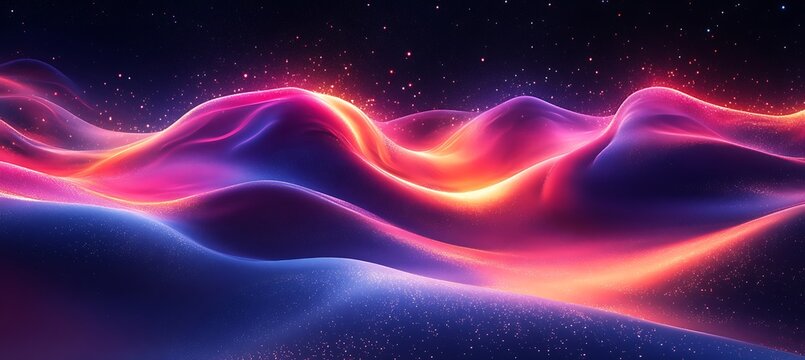 Abstract Glowing Wavy Landscape with Neon Pink and Blue Lights in Dark Sky background - Powered by Adobe