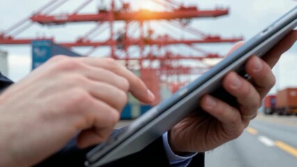 Businessman using tablet at shipping port showing exchange of value and data in logistics container business and trade industry - Powered by Adobe