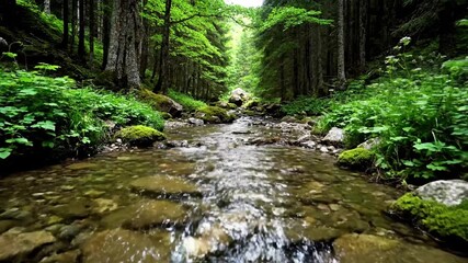 An immersive sensory experience emphasizing the soothing auditory elements of the stream gentle gurgles, soft splashes, and the rustling of leaves, evoking tranquility and peace.