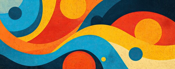 Abstract art with overlapping, textured layers of vibrant colors, curves, and circles