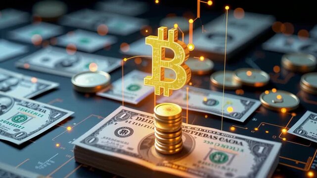 Cryptocurrency exchange concept with bitcoin symbol on stack of coins and paper money representing digital currency value transfer