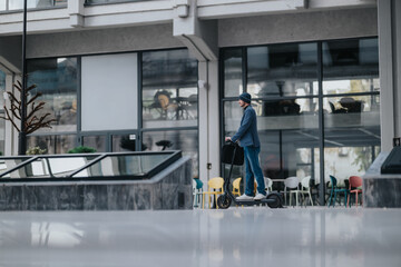 Fototapeta premium A stylish man wearing a beanie and denim walks an electric scooter through a contemporary city setting. Colorful outdoor seating and large glass windows create an urban, casual vibe.