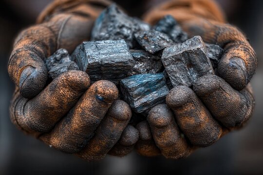Dusty gloves holding raw coal chunks