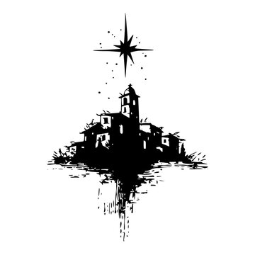 Bethlehem town silhouette with church tower and christmas star reflection vector ink sketch illustration