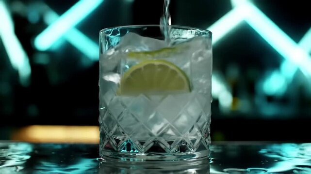 Cinematic Slow Motion Cocktail Pour in Neon Lit Bar at Night