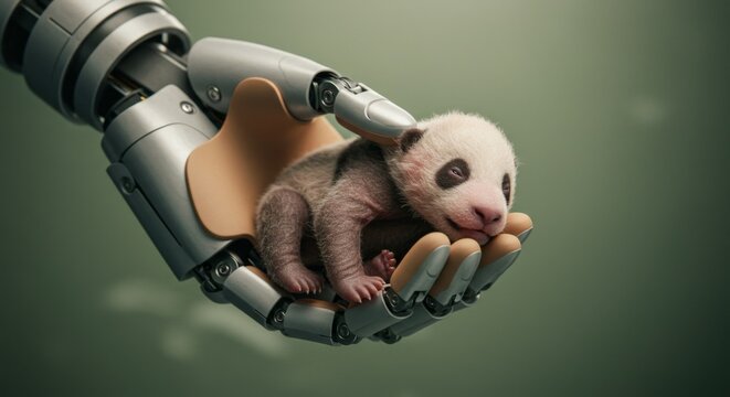 Robot hand holding a baby panda. Futuristic animal care and conservation concept. AI and nature interaction illustration for new technology.