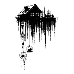Surreal winter house with dripping paint and hanging Christmas ornaments black ink vector illustration