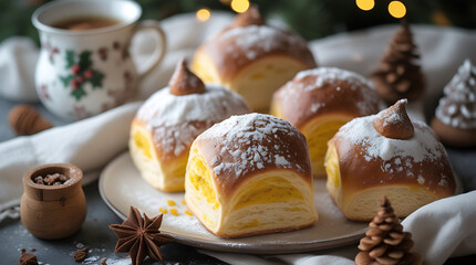 3d a festive display of sweet buns with tea and Christmas decorations on a table 