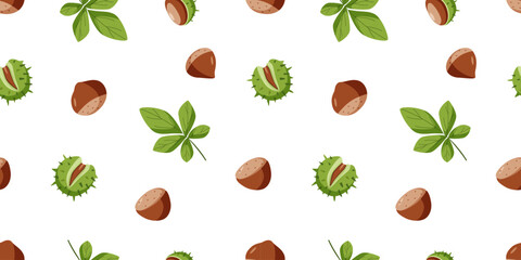 Background Chestnut set vector illustration. Seamless pattern Cartoon drawing of chestnut nuts in a shell and leaves.