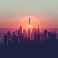 Obraz premium Modern city skyline at sunset, flat illustration, vibrant colors, urban landscape, architectural silhouette, digital art.
