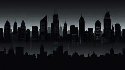 Modern city skyline silhouette at night with fog and dramatic lighting.